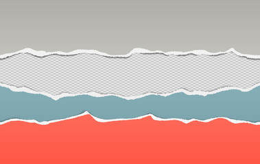 Torn colorful horizontal paper are on squared background with space for text. Vector illustration