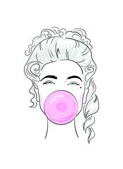 The face of a girl in a wig inflates a bubble of chewing gum.