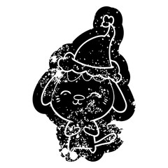 happy cartoon distressed icon of a dog wearing santa hat
