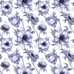 Seamless pattern with watercolor white anemone flowers. Spring floral design for wedding invitation