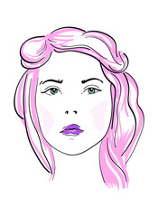 Fashionable girl with pink hair on a white background.
