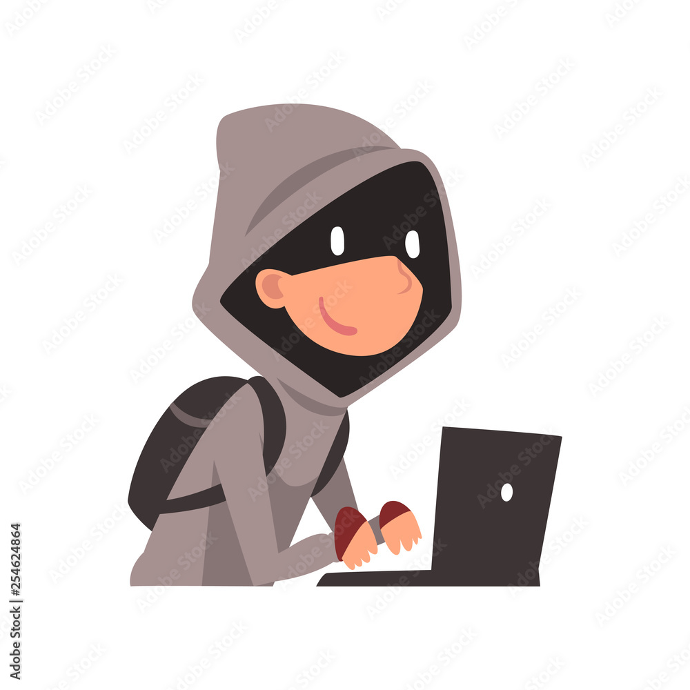 Poster hacker in hoodie and black mask stealing information using laptop, internet crime, computer security