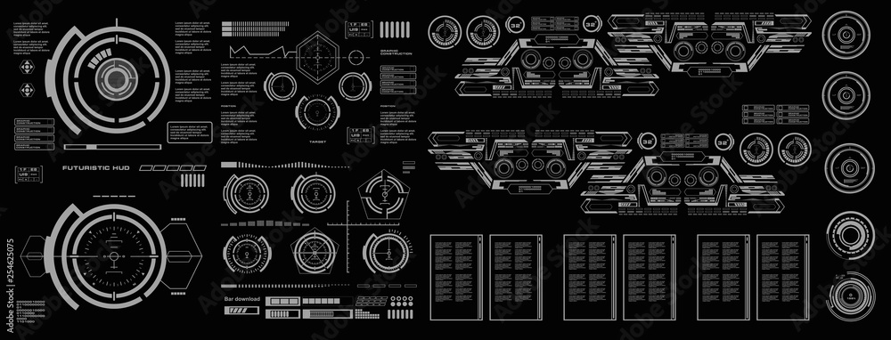 Poster hud futuristic user interface, target. dashboard display virtual reality technology screen