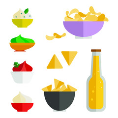 Set of illustrations of various appetizer sauces and beer. Flat style.