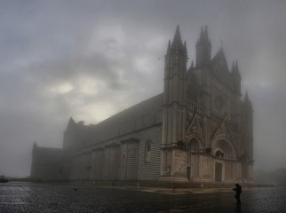 Panoramic view of Cathedral of Orvieto  morning in the fog (Duomo di Orvieto)