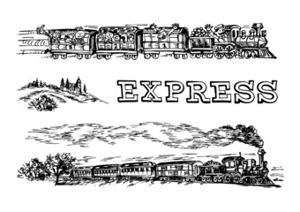 Express, steam locomotive with a driver, fast train full of happy people, landscape with church, set of black and white icons