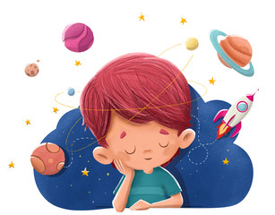 Niño imaginando y soñando con planetas, cohetes, el espacio