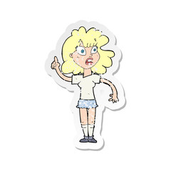 retro distressed sticker of a cartoon woman making point