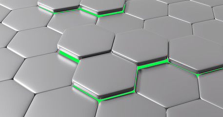 3d illustration of modern honeycomb background aluminium and green stripes