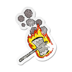 retro distressed sticker of a cartoon flaming axe