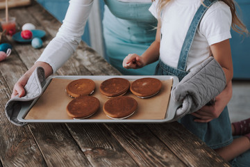 Close up of pan with just baked cookies