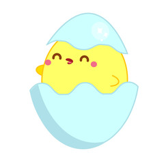 Cute chicken in kawaii style. Little baby chick in egg. Isolated clip art for Easter design