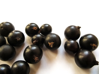 Several blackcurrant berries isolated on white background, close-up. Beautiful fruit background of organic food of black currant with copy space