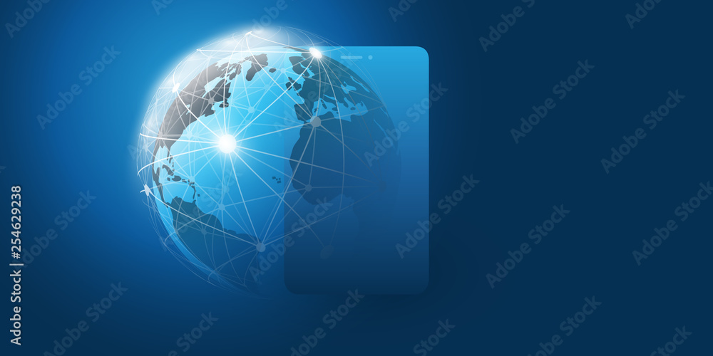 Poster global networks design with network mesh, earth globe and smartphone silhouette - vector template fo