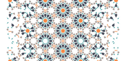 Arabesque vector seamless pattern. Geometric halftone texture with color tile disintegration or breaking