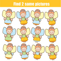 Children educational game. Find two same pictures. Cute fairy