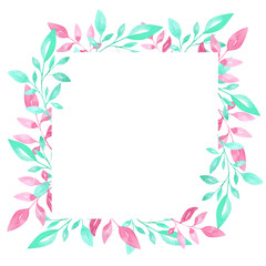 Fototapeta na wymiar Hand drawn watercolor leaves, decorative frame isolated on the white background can be used for greeting cards