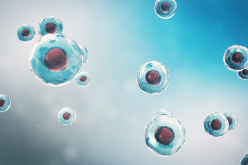 Cell of a living organism, scientific concept. Illustration on a blue background. The structure of the cell at the molecular level, under a microscope. encrypted DNA in the cell. 3D illustration