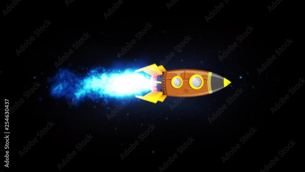 Poster rocket ship flying through space animation loop/ looped animation of a cartoon retro rocket ship bla