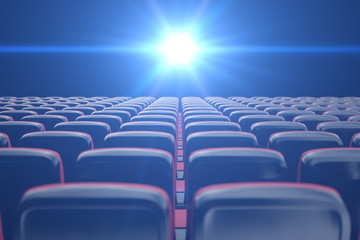 Obraz premium Concept cinema, shining blue color in movie theater. Rows of chairs with empty seats. 3d illustration