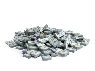 Money Pile of packs of hundred dollar bills stacks 3d render on white