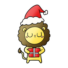 gradient cartoon of a lion with christmas present wearing santa hat