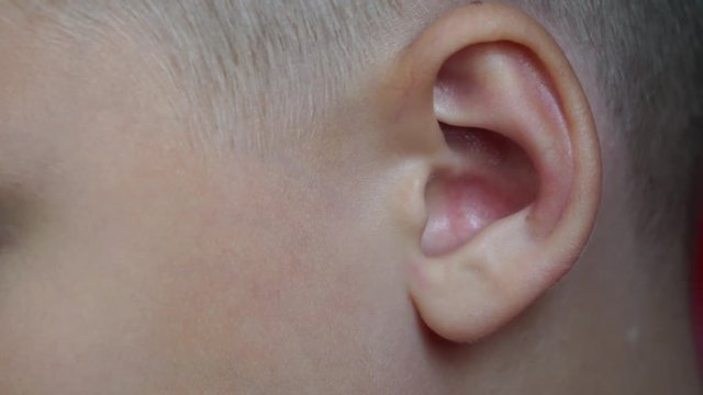 Closeup of young kid's ear with small black modern earphones in it. Real time 4k video footage.