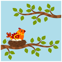 Cute bird in cartoon style sitting in a nest on eggs on a tree branch.