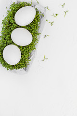 White Easter background eggs green cress