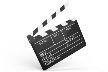 Fototapeta na wymiar 3d illustration of open movie clapper or clapperboard isolated on white background. Black film clapper with fields for your text. The subject of the film industry.
