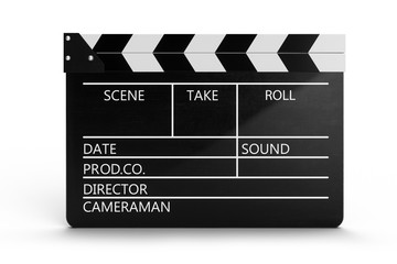 Fototapeta premium 3d illustration of closed movie clapper or clapperboard isolated on white background. Black film clapper with fields for your text. The subject of the film industry.
