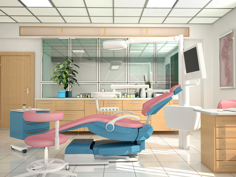 Room with equipment in the clinic of dentistry and cosmetology. 3d illustration