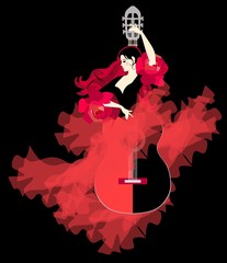 Guitar soul. Girl - flamenco dancer in shape of musical instrument. Beautiful logotype. - obrazy, fototapety, plakaty