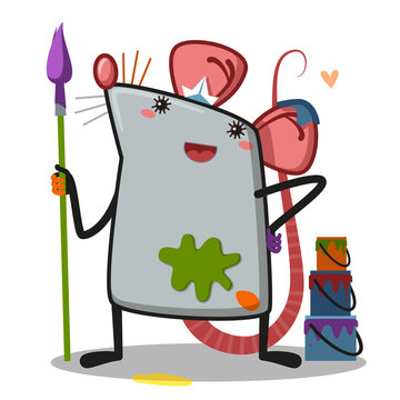 rat painter cartoon character - Illustration - Vector
