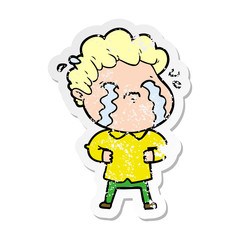 distressed sticker of a cartoon man crying