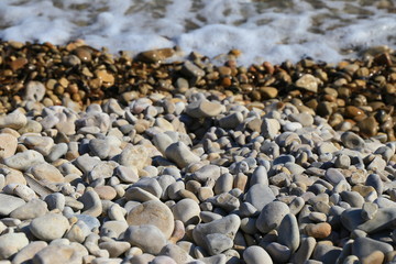 Piedras húmedas variadas en la playa