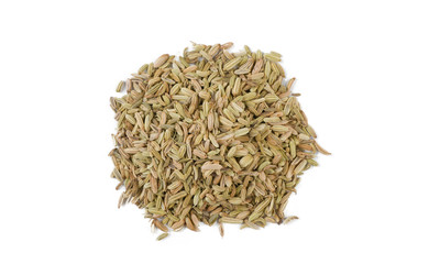 fennel seeds heap isolated on white background. top view