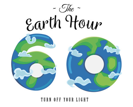 Card for Earth Hour - global annual international event. Number 60 and globe inside symbolizing sixty minutes on background of night starry blue sky and globe. Vector illustration