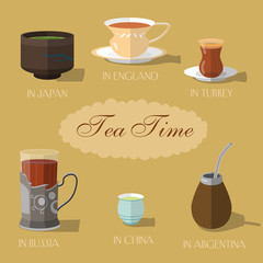 Tea Time - how people drink tea in different countries. Tea cups, chawan, glass in cup holder, calabash gourd. 