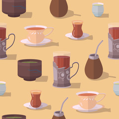 Seamless vector pattern - tea cups, chawan, glass in cup holder, calabash gourd. Russian, turkish, japanese, chinese tea, matcha, yerba mate. Flat design. 