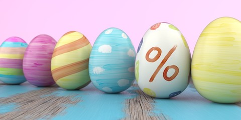Bunte Ostereier für ein Osterangebot auf einem blauen Holztisch