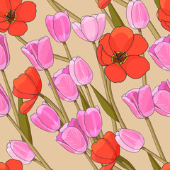Pink and red tulips seamless vector pattern for background, textile, cloth, fabric. Vector illustration isolated. 