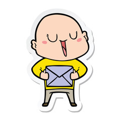 sticker of a happy cartoon bald man with package