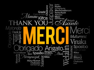 Merci (Thank You in French) word cloud in different languages
