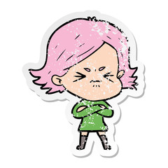 distressed sticker of a cartoon angry girl