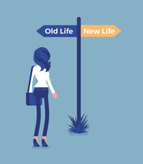 Signpost pole to direct a woman, old and new life choice. Young person choosing a road, start of another way, thinking of decision to begin and change lifestyle, become different. Vector illustration