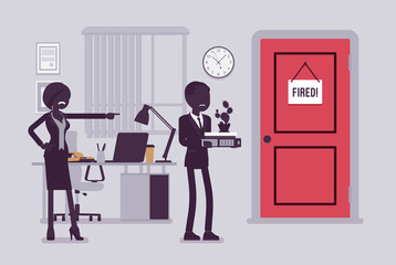 Fired man and angry female boss. Manager removing boy, showing incompetent worker the door, dismisses male employee from job, guy leaving office workplace. Vector illustration, faceless characters