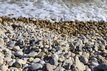 Piedras húmedas variadas en la playa