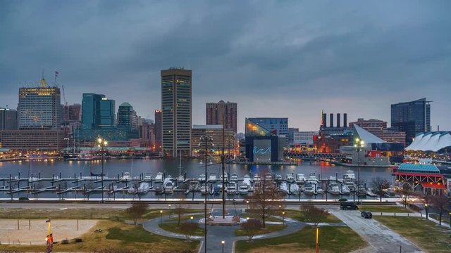 Day to night timelapse of Baltimore skyline and Inner Harbor from Federal Hill, Baltimore, Maryland
