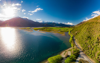 Aerial drone view, north side of Lake Wanaka at Makarora, South Island, New Zealand